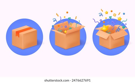 Set of 3 different boxes with confetti and ribbons. Great for animations. Sale and discount surprise box for ui, web, print design.  3D Web Vector Illustrations.