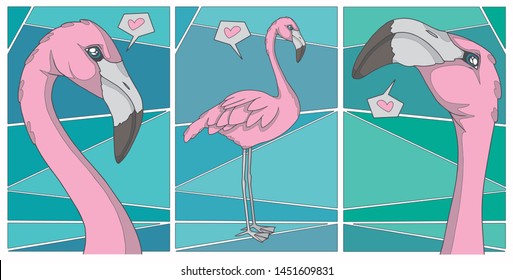 Set of 3 different cartoon style exotic pink Flamingo bird illustrations suitable as poster or postcard print motives
