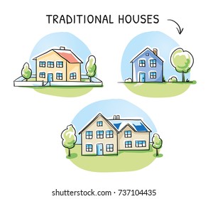 Set of 3 different colorful houses, detached, single family houses with gardens and garage. Hand drawn cartoon sketch vector illustration, marker style coloring. 