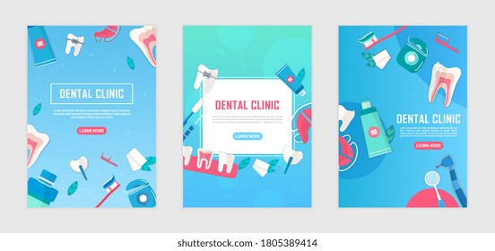 Set of 3 different dental clinic banners or poster design showing dentistry icons with text on blue backgrounds, colored vector illustration