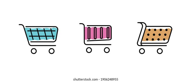 Set of 3 different and modern colorful shopping cart icons. Collection of web icons from various shopping cart icons in various shapes for online store. Modern icons filled with color inside. Art line