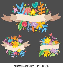 Set of 3 different ribbons with spring vector flat flowers. FLower composition in ribbons