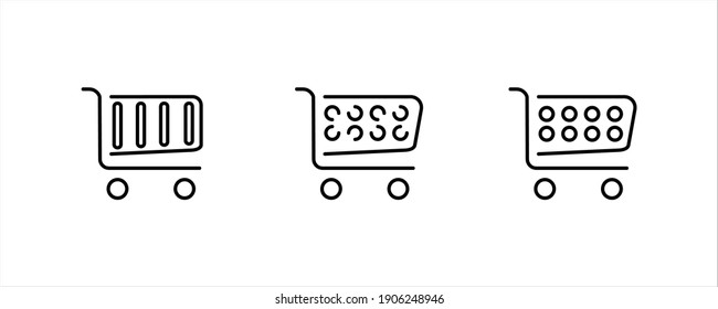 Set von 3 verschiedenen Warenkorb-Symbolen. Sammlung von Web-Icons aus verschiedenen Shopping-Cards in verschiedenen Formen für Online-Shop. Fügen Sie zum Warenkorb Webseiten-Symbole, Piktogramme für die Benutzeroberfläche hinzu. Kunstlinie.