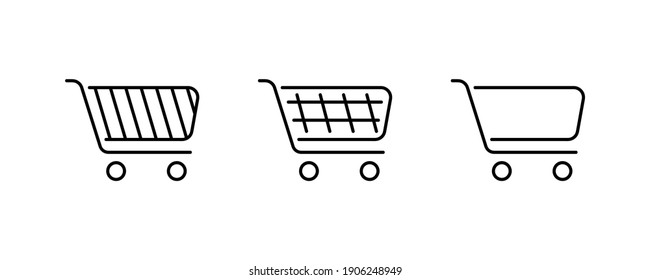 Set von 3 verschiedenen Warenkorb-Symbolen. Sammlung von Web-Icons aus verschiedenen Shopping-Cards in verschiedenen Formen für Online-Shop. Fügen Sie zum Warenkorb Webseiten-Symbole, Piktogramme für die Benutzeroberfläche hinzu. Kunstlinie.