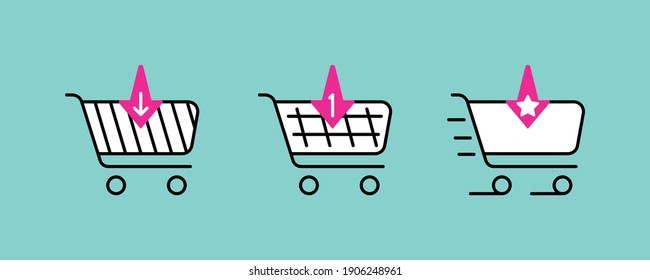 Set of 3 different shopping cart icons. Read download, notification and purchase for online store. Web icons collection from shopping cart icons. Add to cart website symbols, user interface pictograms