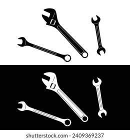 Set of 3 different types of spanner silhouette vector. Work tool icon for web, tag, label, mechanical shop, garage, repair shop, workshop. Work tools for the mechanic, engineer