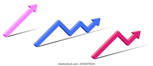 set of 3 dimension chart with bars arrow increasing, increase up Indication arrows chart report presentation Statistics and analytics