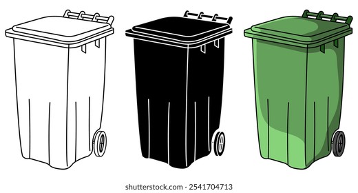 Set of 3 dimensional Wheelie Bin  vector elements in black and white and colour cartoon versions isolated on a white background