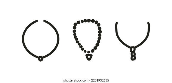 Set of 3 doodle necklaces. Vector illustration of three pieces of bijouterie in different styles