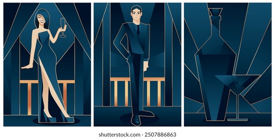 set of 3 drawing of woman, man and wine and champagne, vector