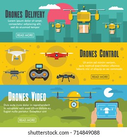 Set of 3 drone banners shipping, video, control. Drone horizontal banners set with delivery and control elements isolated vector illustration