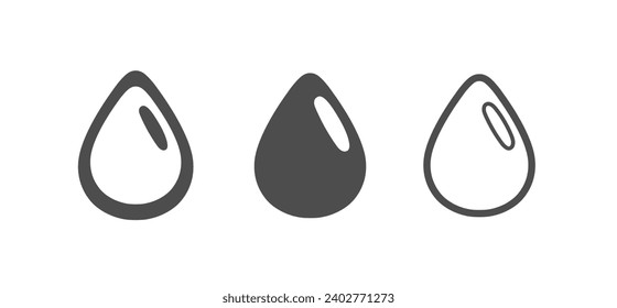 Set of 3 drops icons in different styles. Linear, outline and silhouette pictograms in black and white. Flat droplet shapes collection. Signs for web design, logo template, mobile app. Vector