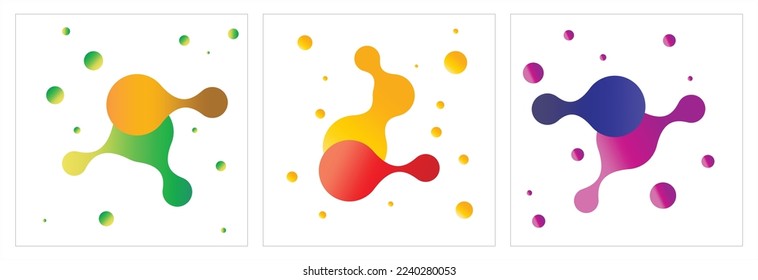 Set of 3 dual gradient colours abstract metaball pattern on white background. Vector illustration. 