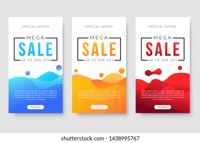 Set of 3 dynamic modern fluid design for mega sale banners. Sale banner template design, social media banner template, voucher, discount, season sale