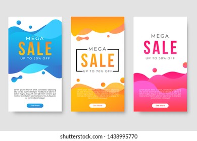Set of 3 dynamic modern fluid design for mega sale banners. Sale banner template design, social media banner template, voucher, discount, season sale