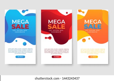 Set of 3 dynamic modern fluid design for mega sale banners. Sale banner template design, social media banner template, voucher, discount, season sale