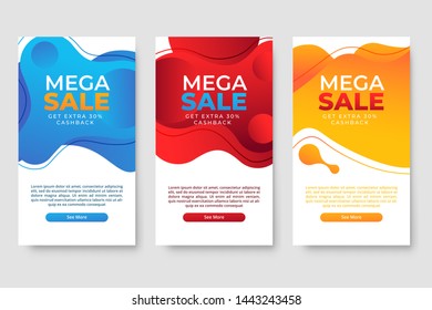 Set of 3 dynamic modern fluid design for mega sale banners. Sale banner template design, social media banner template, voucher, discount, season sale