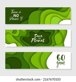 Set of 3 Earth Day abstract graphic organic paper cut. Dynamical waves, fluid shapes. Green horizontal banners with flowing lines. Template for the design for cover or presentation eco typography. 