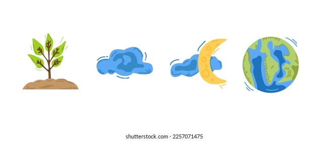 Set of 3 Earth day icons, thin icon Doodle style, vector illustration
