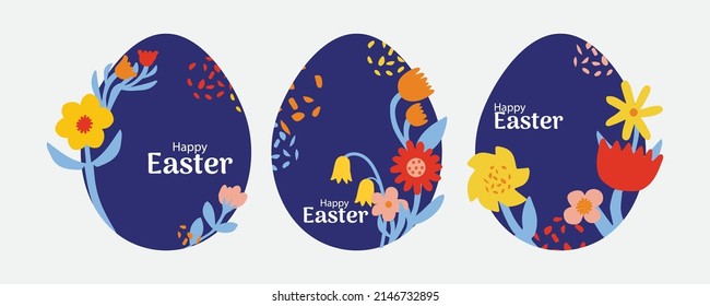Set of 3 Easter Eggs with floral pattern. Design elements for holiday cards. Easter collection with different flower texture. Cartoon flat style Vector illustration