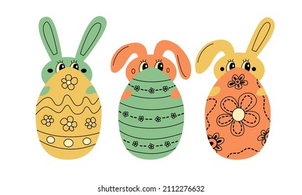 Set of 3 easter eggs with ornaments and hidden bunnies. Spring mood colorful easter themed elements for egg hunt