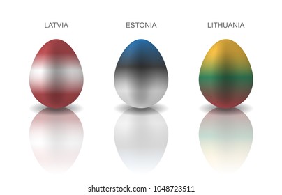 Set of 3 Easter eggs painted in the colors of Baltic countries flags: Lithuania, Estonia and Latvia. Semi realistic vector illustration, isolated on white background