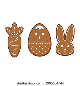 A set of 3 Easter gingerbread. Gingerbread in the form of a rabbit, carrot and egg chicken. White background.