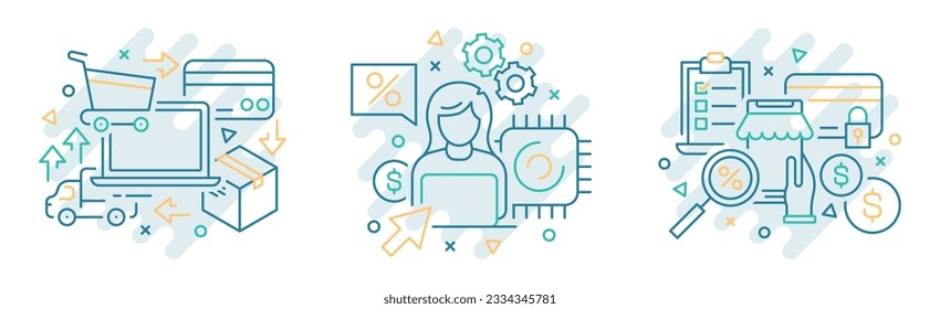 Set of 3 ecommerce online shopping icon illustrations stroke line. Digital payment webshop Vector isolated concept