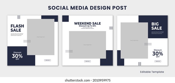 Set Of 3 Editable Template Social Media Instagram Design Post With Rectangle Frame And Blue Navy Color Theme. Suitable For Post, Sale Banner, Promotion, Ads, Advertising, Fashion, Beauty, Food, ETC