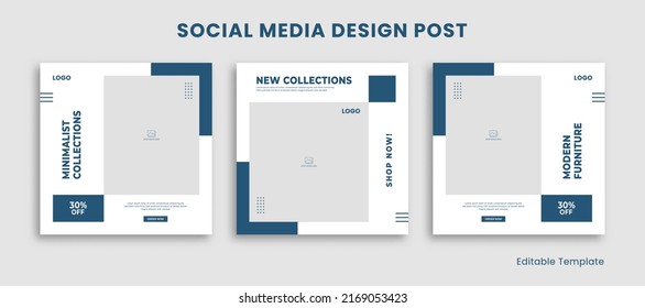 Set of 3 Editable Template Social Media Instagram Design Post with Rectangle Frame and Blue Navy Color Theme. Suitable for Post, Sale Banner, Promotion, Ads, Advertising, Fashion, Beauty, Furniture