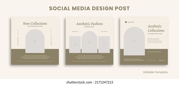 Set Of 3 Editable Template Social Media Instagram Design Post With Brown Pastel Color Theme. Suitable For Post, Sale Banner, Promotion, Ads, Advertising, Fashion, Beauty, Furniture