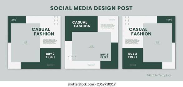 Set of 3 Editable Templates Social Media Instagram Design Post with Minimalist and Modern Style Green Color Theme. Suitable for Sale Banner, Branding, Promotion, Presentation, Advertising, Fashion