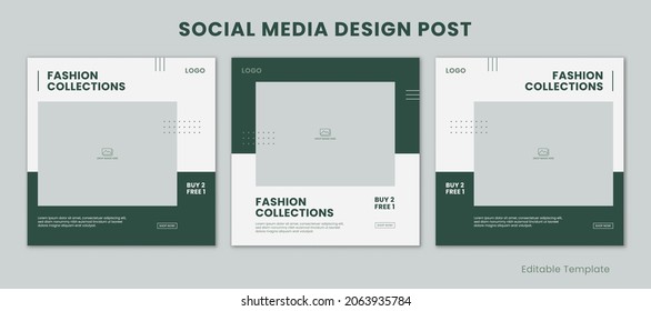 Set of 3 Editable Templates Social Media Instagram Design Post with Minimalist and Modern Style Green Color Theme. Suitable for Sale Banner, Branding, Promotion, Presentation, Advertising, Fashion