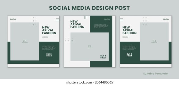 Conjunto de 3 plantillas editables publicación de diseño de medios sociales con un tema de color verde de estilo minimalista y moderno. Banner de venta, promoción de marca, presentación, publicidad, venta de moda, diseño,