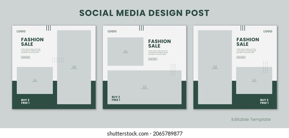 Conjunto de 3 plantillas editables publicación de diseño de medios sociales con un tema de color verde de estilo minimalista y moderno. Banner de venta, promoción de marca, presentación, publicidad, venta de moda, diseño