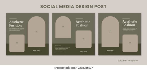 Conjunto de 3 plantillas editables Publicación de diseño de medios sociales con tema de color verde estilo pastel y minimalista. Banner de venta, promoción de marca, presentación, publicidad, moda, belleza