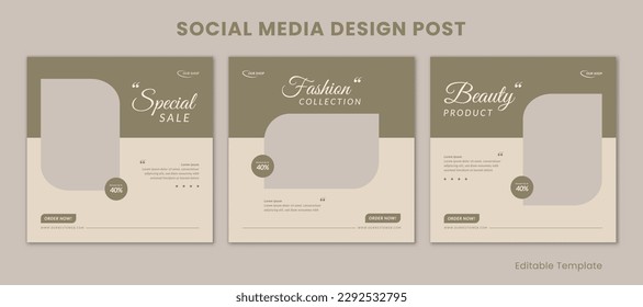 Conjunto de 3 Plantillas Editables Publicación de Diseño de Medios Sociales con Estilo Pastel y Estético. Banner de venta, promoción de marca, presentación, publicidad, moda, belleza, panadería