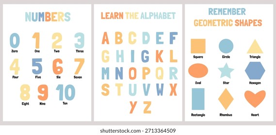 Conjunto de 3 carteles educativos para la habitación de un niño o jardín de infantes con números, alfabeto y Formas geométricas