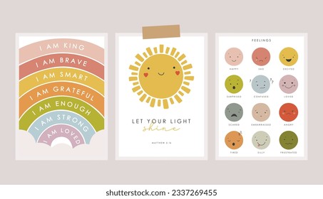 Set of 3 Educational Posters, Kids Wall Decor, Kindergarten Decor, Classroom Posters, Feelings, Preschool Wall Prints, Kids Bible verse, Vector kids design