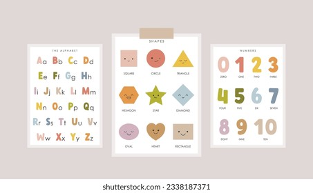 Set mit 3 Pädagogik-Plakaten, Kindermädchen-Dekor, Kindergartendekoration, Klassenzimmer-Plakate, Alphabet, Vorschulmauerdrucke, Zahlen, Vektorkinderdesign