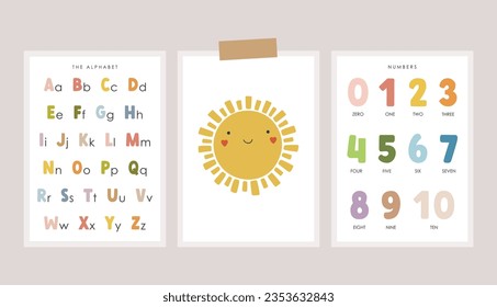 Set of 3 Educational Posters, Kids Wall Decor, Kindergarten Decor, Classroom Posters, Educational Alphabet, Preschool Wall Prints, Numbers, Vector kids design