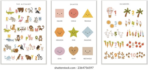 Set of 3 Educational Posters, Kids Wall Decor, Kindergarten Decor, Educational Animal Alphabet, Preschool Wall Prints, Numbers, Vector kids design