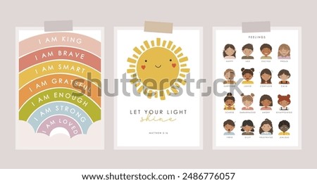 Set of 3 Educational Posters, Kids Wall Decor, Kindergarten Decor, Classroom Posters, Feelings, Preschool Wall Prints, Kids Bible verse, Vector kids design