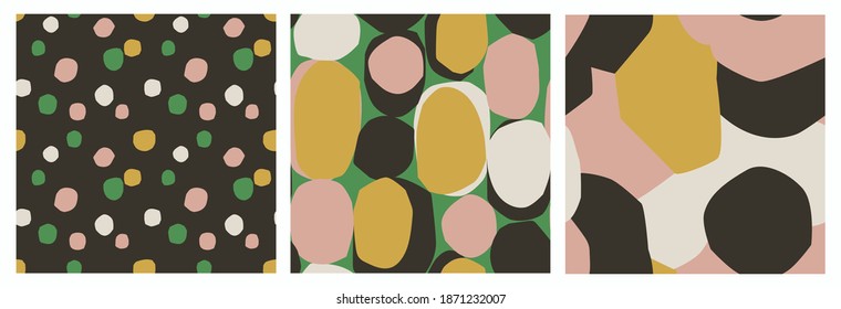 Set of 3 elegant abstract seamless patterns with cut out blobs, ovals, dots. Trendy cut out geometric shapes. Bold prints for fashion, paper, gifts.