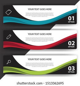  Set of 3 Elegant infographics, labels, banners template design. Colorful wavy concept with 3 options, parts, steps, processes
