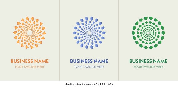 A set of 3 elegant spiral floral vector logos in orange, blue, and green. Perfect for branding, health, wellness, or eco businesses.