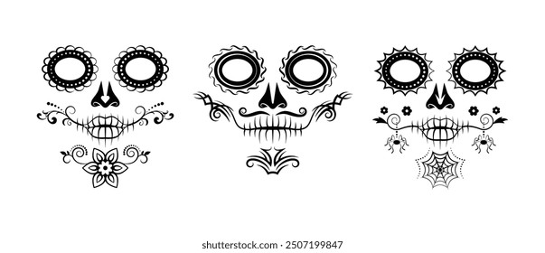 Set of 3 Elegant sugar skull designs. Tattoo style. Day of the Dead, Halloween, Carnival and other occasions. Vector illustration.
