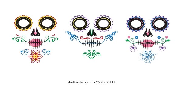 Set aus 3 eleganten Zuckerschädel Designs. Catrina Stil. Tag der Toten, Halloween, Karneval und andere Anlässe. Vektorgrafik.