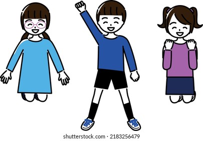 A set of 3 elementary school students who jump with a smile and make a guts pose