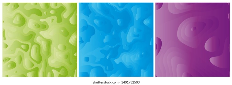 Set 3 elements for banner, web background. Lava Lamp wallpaper effect with psychedelic colors. Bright, vivid, modern colors in layered images. Waves and layers with gradients colors and sliced shapes